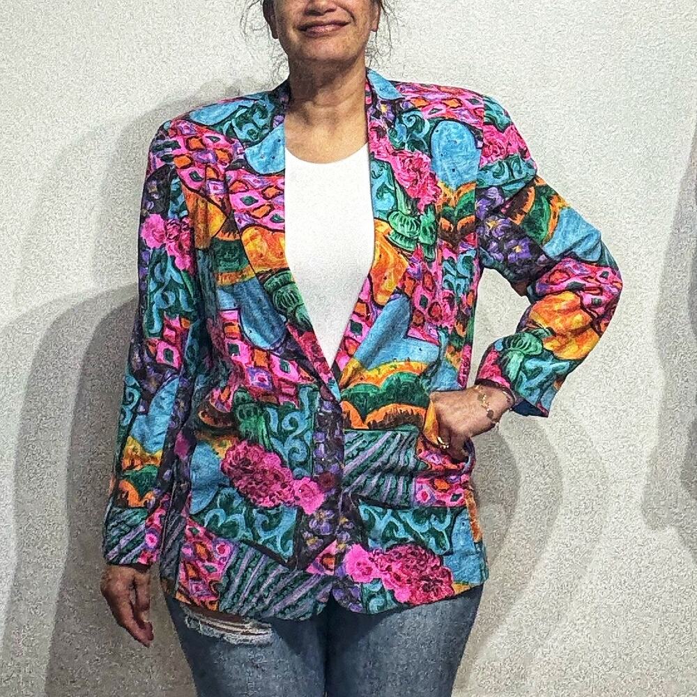 Silk Club Pink Abstract Oversized Silk Vintage Blazer Sz S NWT - Picture 5 of 12